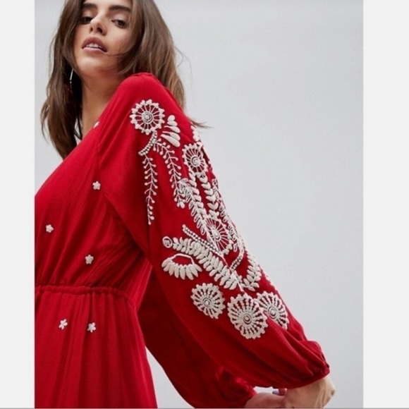 Free People Red Embroidered Romper/Jumpsuit v-neck jumpsuit - Picture 7 of 15